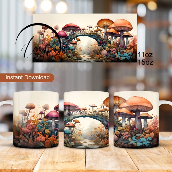 Fantasy Mushrooms Mug Wrap, Mushrooms Mug Design, 11oz 15oz Mug Wrap, 3D Fall Mug Sublimation, Magical Mushrooms Mug Wrap Png