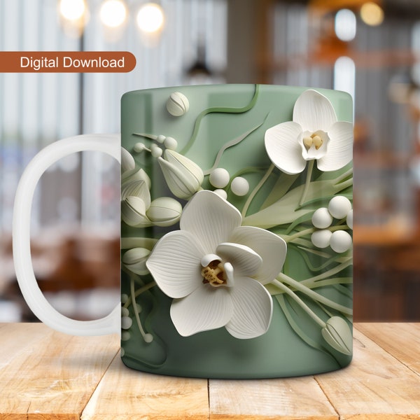 3D Soft Green Orchids Mug Wrap, 3D Flowers Mug Design, 11oz 15oz Mug Wrap, 3D Floral Mug Sublimation, 3D Nature-Inspired Mug Design