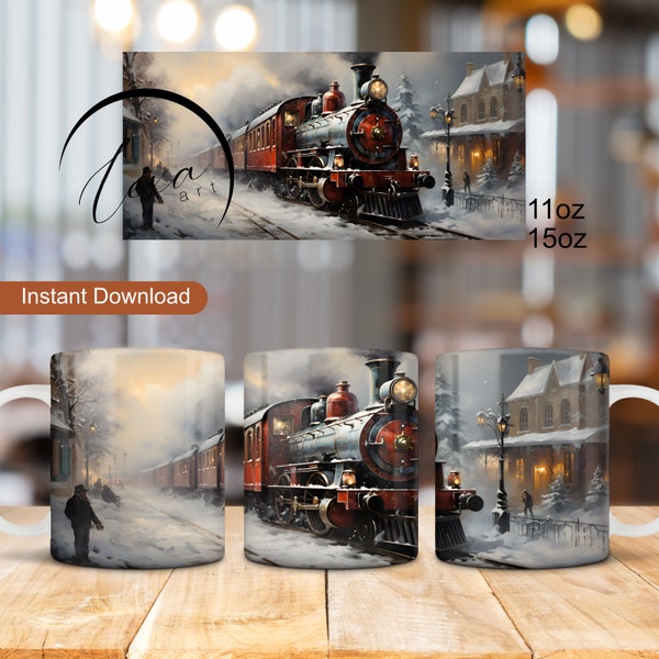 Vintage Christmas Polar Express Train Mug Wrap, Christmas Mug Design, 11oz, 15oz Mug Wrap, Retro Mug Sublimation, Winter Landscape Mug Wrap