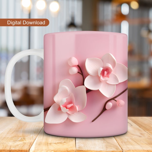 3D Soft Pink Orchids Mug Wrap, 3D Flowers Mug Design, 11oz 15oz Mug Wrap, 3D Floral Mug Sublimation, 3D Nature-Inspired Mug Design