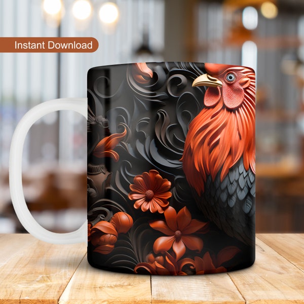 3D Black Chicken Mug Wrap, 3D Rooster Mug Design, 11oz 15oz Mug Wrap, 3D Chicken Mug Sublimation, 3D Farm Animal Mug PNG