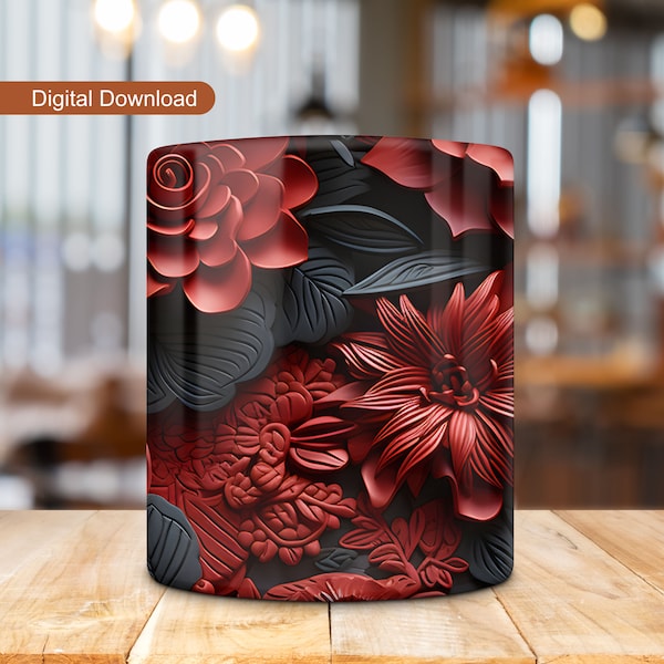 3D Red Black Flowers Mug Wrap, 3D Fall Flowers Mug Design, 11oz 15oz Mug Wrap, Floral Mug Sublimation, 3D Nature-Inspired Still Life Mug