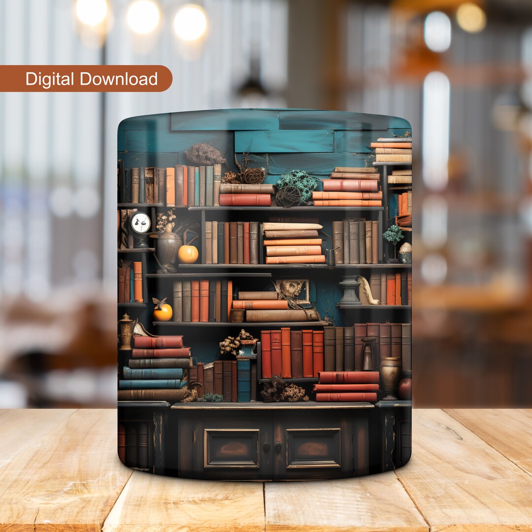 3D Bookshelf Mug Wrap, 3D Books Mug Design, 11oz 15oz Mug Wrap, 3D