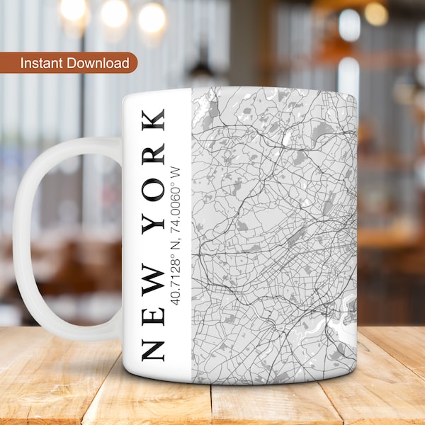 New York Minimalist Map Mug Wrap, Favorite City Map Mug Design, 11oz 15oz Mug Wrap, Minimalist Coffee Sublimation, City Map Mug PNG