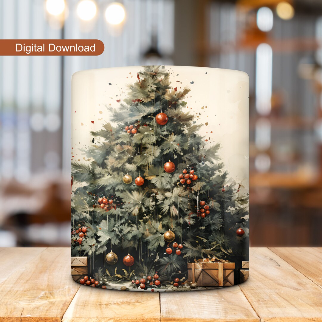 Vintage Christmas Tree Mug Wrap, Christmas Mug Design, 11oz Mug Wrap