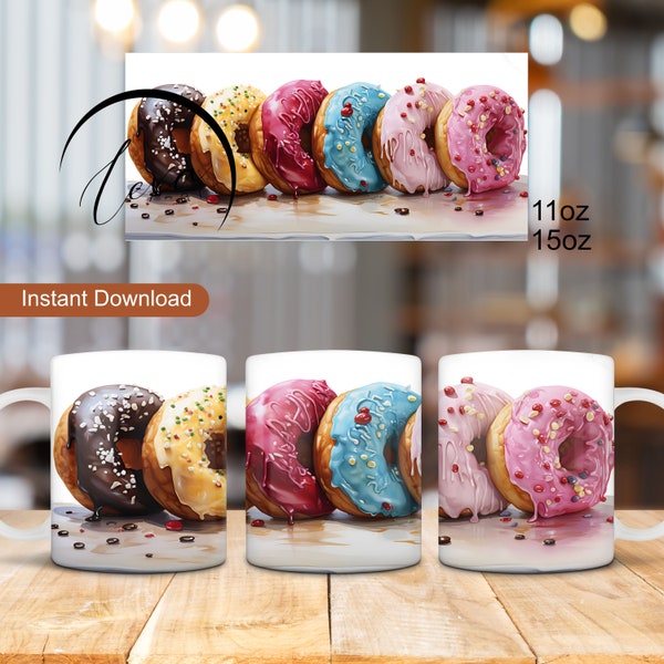 Colorful Donuts Mug Wrap, Donuts Coffee Mug Design, 11oz 15oz Mug Wrap, Breakfast Mug Sublimation, Donut Lover Mug Wrap PNG