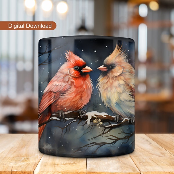 Red Cardinals Mug Wrap, Winter Birds Mug Design, 11oz 15oz Mug Wrap, Cardinals Sublimation, Christmas Mug Wrap PNG