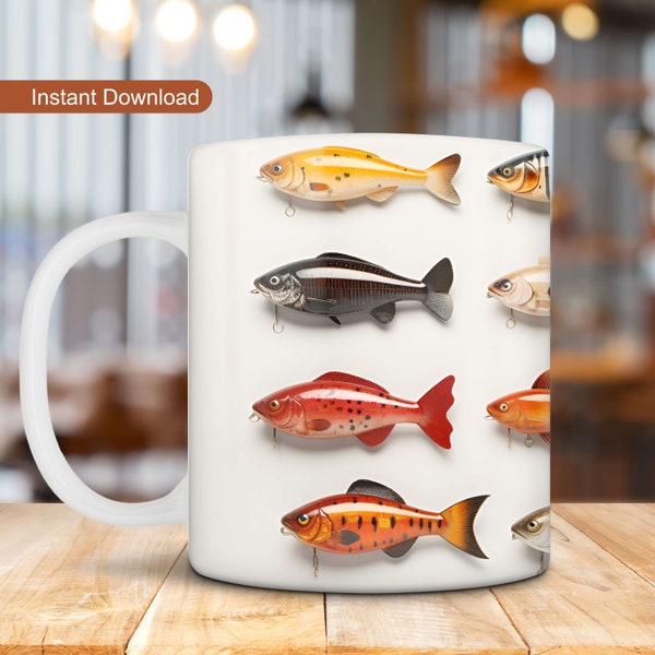 3D Fishing Lures Mug Wrap, Fisherman's Mug Design, 11oz 15oz Mug Wrap, Coffee Cup Sublimation, Wrap Design For Coffee Mug, PNG File