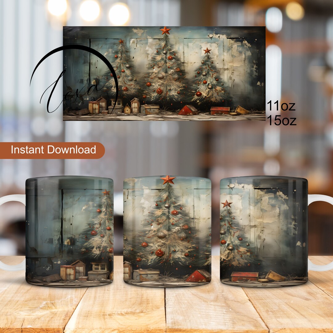 Vintage Christmas Tree Mug Wrap Christmas Mug Design 11oz Etsy