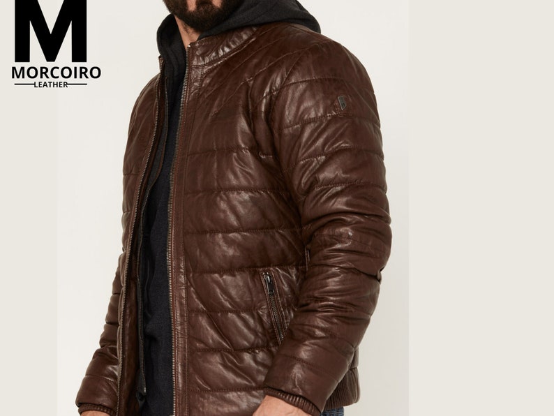 Mens Cognac Real Leather Puffer Jacket,waterproof Quilted Jacket ...