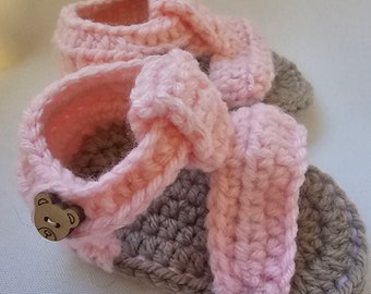 Pink baby sandals with a teddy bear button, handmade, crochet, baby gifts, baby shower gifts, new baby gifts, pink sandles, summer sandals