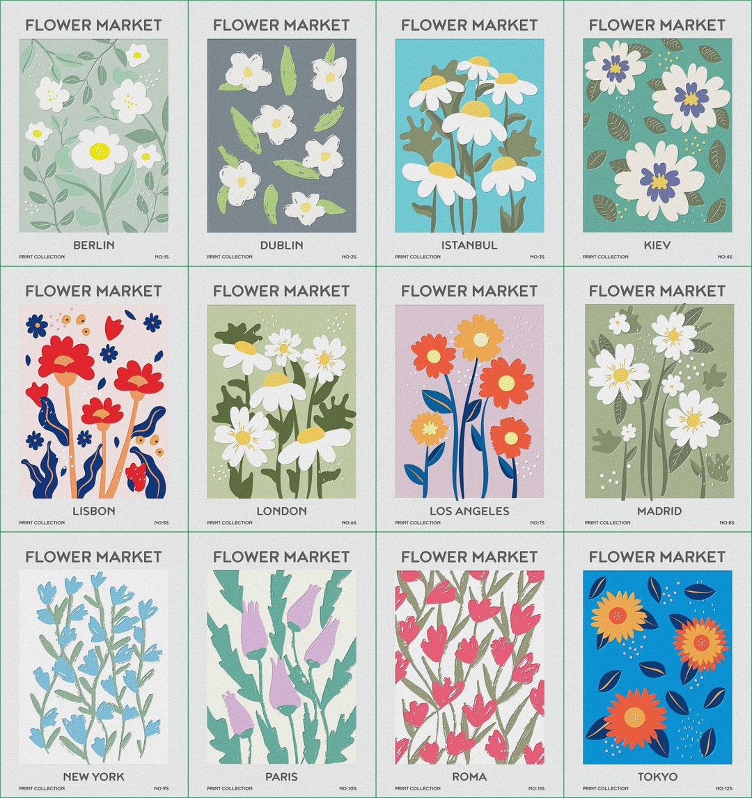 Spot UV Design Set1 of 12 Flower Market Prints, Flower Market Poster ...