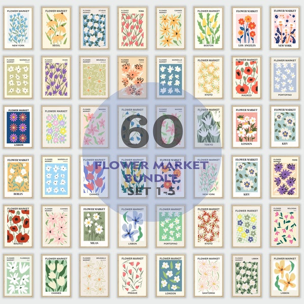 Blumenmarkt-Druck-Set mit 60 Stück, Blumenmarkt-Poster, botanische Wandkunst, Blumenmarkt-Galerie-Wandset, Bundle-Set