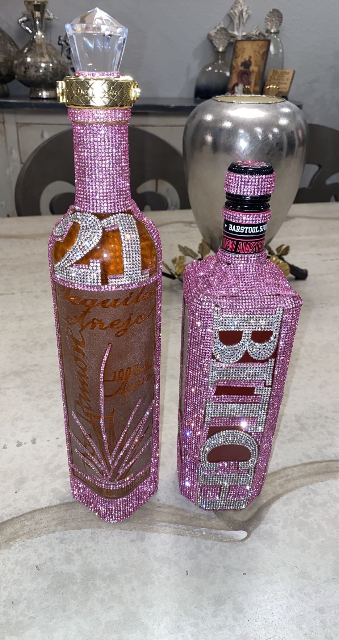 Mini Liquor bottles with Glitter shimmer inside - epoxy sealed shut.