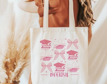 Coquette Bookish Cotton Canvas Tote Bag, Pink Books and Ribbons