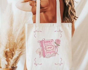 Coquette Aesthetic Style Books Are My Love Language Cotton Canvas Tote Bag, Coquette Style Tote bag for book lovers, bookworm tote bag