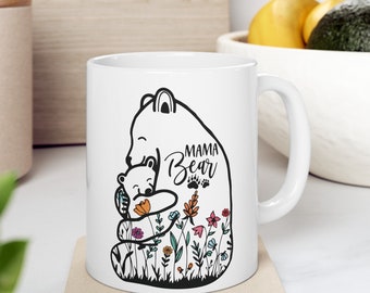 Mama Bear Ceramic Mug, Rainbow Floral Design, Mother's Day Gift