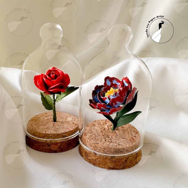 Mini Bell Jar with Rose or Peony, Miniature Eternal Paper Flowers, Gifts for Her, Anniversary