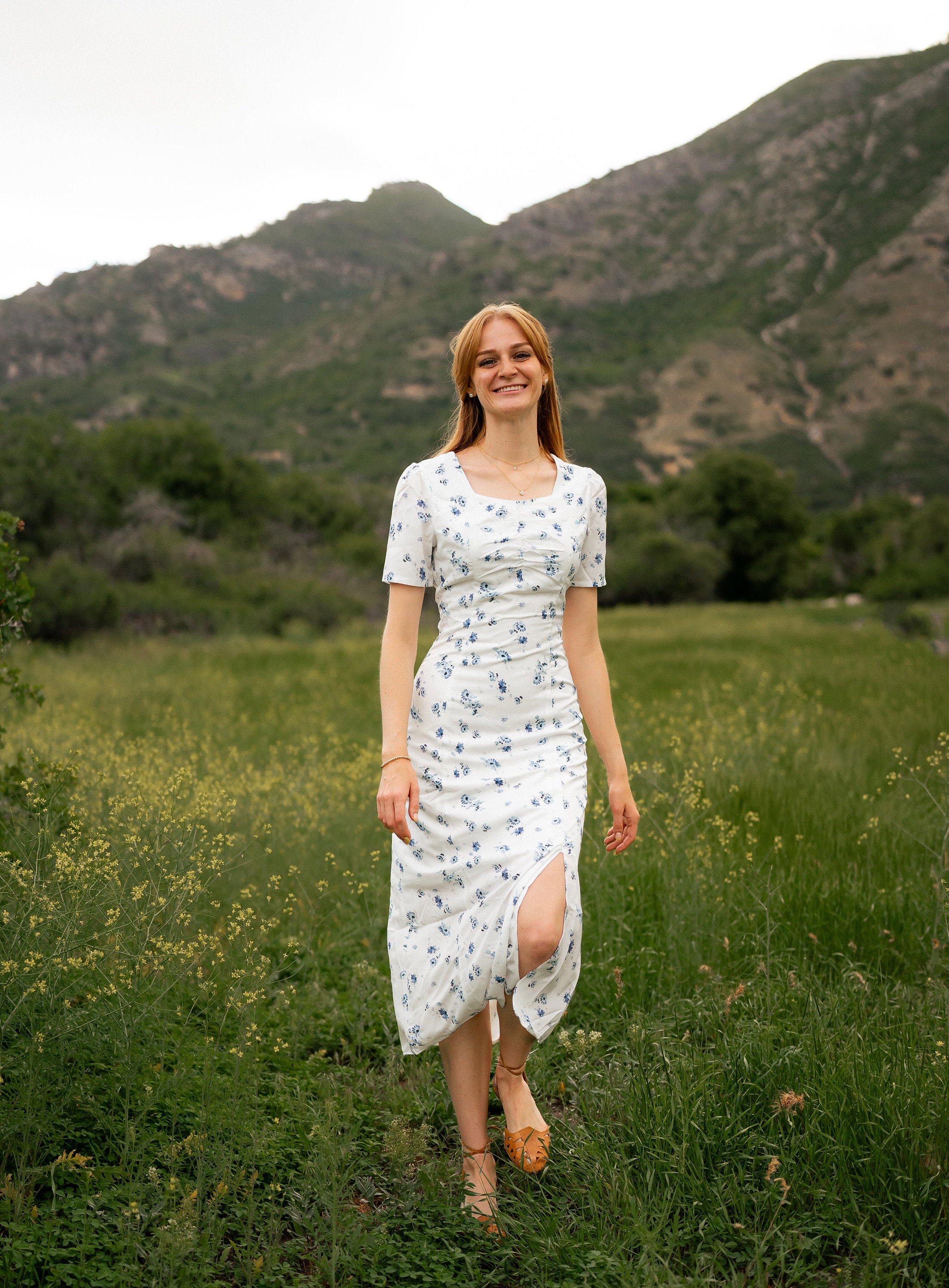 Floral Midi Dress: Sweetheart Neckline, Knee Slit - Poet Design Floral Midi Dress: Sweetheart Neckline, Knee Slit - Poet Design