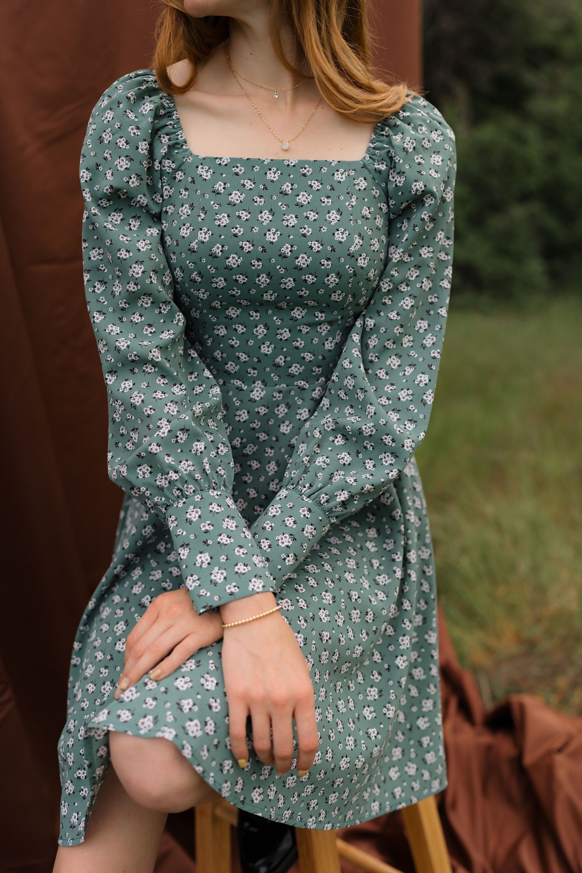 Sage Green Floral Dress: Poet Custom Square Neck Midi Dress