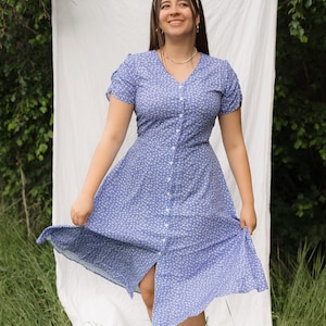 Blue Floral Dress for Women - Lavender Dress - Button Up Dress Gift for Women - Short Sleeve Summer Dress - Unique Spring Dress Fashion Gift