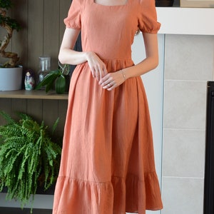 Peach Midi Dress: Ruffled Hem, Puffed Sleeves - Cottagecore Style
