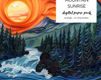 Papiers numériques Mountain Sunrise. Papier quilling. Clipart. Rivière. Scrapbooking au coucher du soleil. Journal indésirable. Étoiles. Eau. Ciel. Soleil. Ensoleillé.