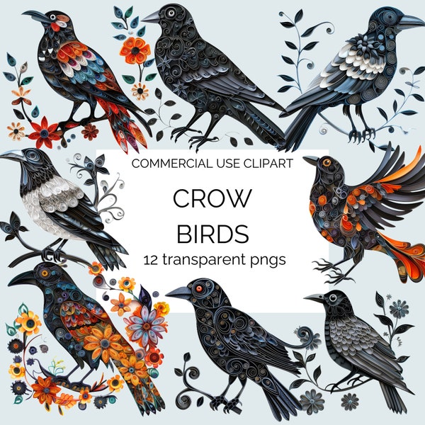 Crow Clipart, paper quilling, birds, bird,  Nursery Decor, transparent png, black, garden, scrapbooking, card making, junk journal, floral