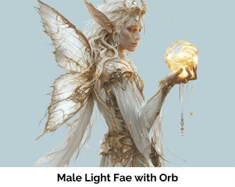 Male Silver Fae holding a Golden Orb. Fae, Faery, Faerie, Elf, gold ball. Clipart, whimsical, scrapbooking, junk journal, card marking