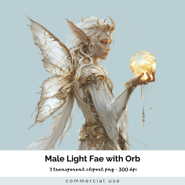 Male Silver Fae holding a Golden Orb. Fae, Faery, Faerie, Elf, gold ball. Clipart, whimsical, scrapbooking, junk journal, card marking