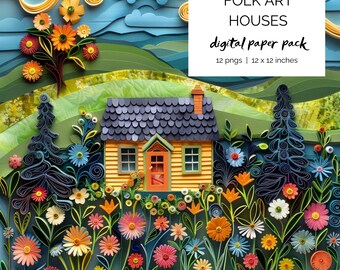 Folk Art Houses digital papers, colorful houses, paper quilling, folkart house, junk journal, scrapbooking, card making, digital paper