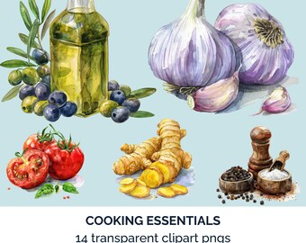 Watercolor Cooking Essentials. Olive oil, salt, pepper, garlic, basil, celery, potato, tomato, herbs scrapbooking, junk journal, card making