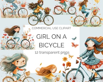 Quirky girl on a bicycle. Girls on bikes. Whimsical. 12 transparent png