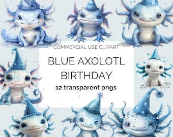 Blue axolotl birthday. Blue lizard. Blue salamander. Whimsical. card making, scrapbooking, junk journal