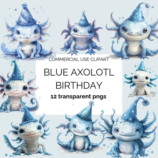Blue axolotl birthday. Blue lizard. Blue salamander. Whimsical. card making, scrapbooking, junk journal