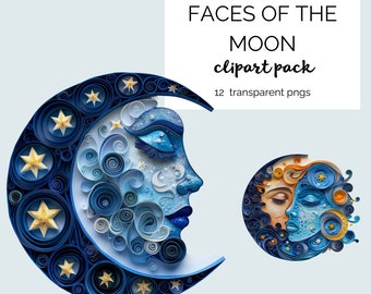 Faces of the Moon. Paper quilling. Transparent png clipart. Man on the moon. Space. Stars. Universe. Celestial.
