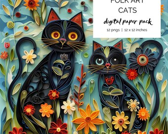 Folk art cats, quirky cat, flowers and cats, digital paper. Quilling. Whimsical..