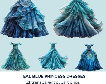 Teal Blue Princess Dress. Blue gown. Ballgown. Fairy tale dresses. Prom dress. Teal gown. Clipart. Scrapbooking, junk journal, card making