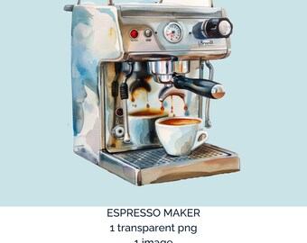 Espresso Maker watercolour transparent image. Coffee maker, cappuccino, flat white, latte, coffee. 1 transparent png. 300 dpi