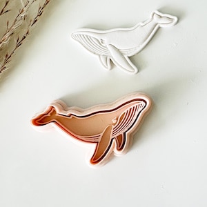 May include: Two whale-shaped cookie cutters. One cutter is solid white, while the other is a two-piece set featuring a light tan inner piece and a white outer frame. Both cutters display detailed embossed lines representing the whale's anatomy.