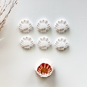 May include: A collection of white seashell-shaped craft supplies. Six solid shells are arranged above a shell-shaped cutter with a reddish-brown interior. The shells are on a white surface, suggesting a crafting or baking theme.