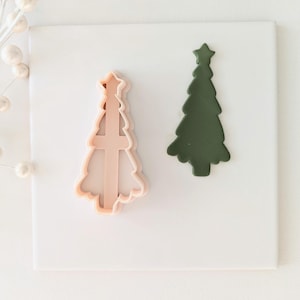 May include: A set of two Christmas tree cookie cutters. One cutter is pink and the other is green. The cutters are on a white surface.