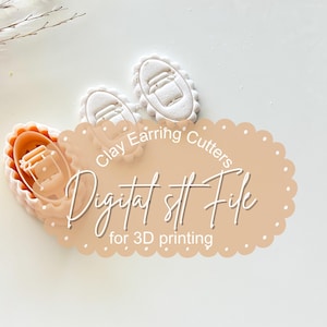 May include: A light peach-coloured clay earring cutter with a scalloped edge, next to two white clay earrings. The earrings are oval-shaped with a coffee cup design. Text on the image reads "Clay Earring Cutters" and "Digital stl File for 3D printing."