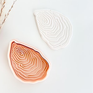 May include: Two cookie cutters in the shape of a tree ring. One is white, and the other is a light orange color. The cutters have a detailed concentric ring design. The cutters are on a white surface.