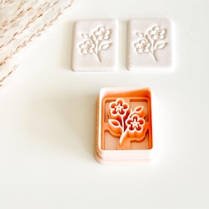 May include: A light pink floral cookie cutter with a rectangular frame, alongside two stamped cookies. The cookies and cutter feature a detailed flower design with leaves. The items are set against a white background, suggesting a baking or crafting theme.