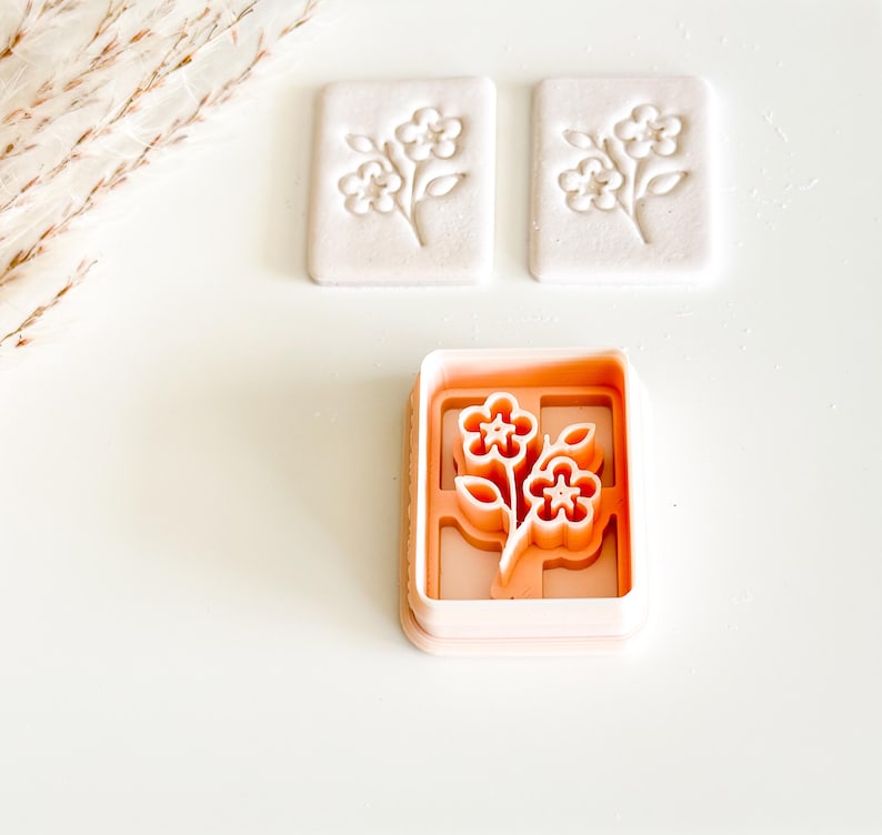 May include: A light pink floral cookie cutter with a rectangular frame, alongside two stamped cookies. The cookies and cutter feature a detailed flower design with leaves. The items are set against a white background, suggesting a baking or crafting theme.
