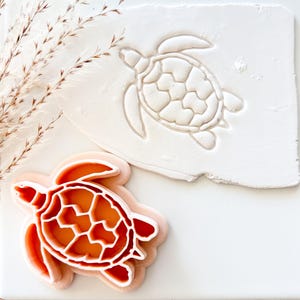 May include: A turtle-shaped cookie cutter in orange and white, next to a turtle imprint on a white surface. The cutter has a detailed design, and the imprint shows the turtle's shell and flippers. Dried plants are in the background.