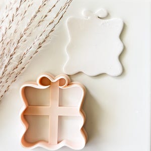 May include: A light pink cookie cutter in the shape of a gift box with a bow on top, next to a white fondant gift box. The cutter has a cross design in the center. Dried ornamental grass is in the background.