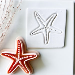 May include: A peach-colored starfish-shaped cookie cutter with a raised interior pattern and a white square piece of clay featuring a debossed starfish impression with a dotted texture along each of the five arms of the sea creature.