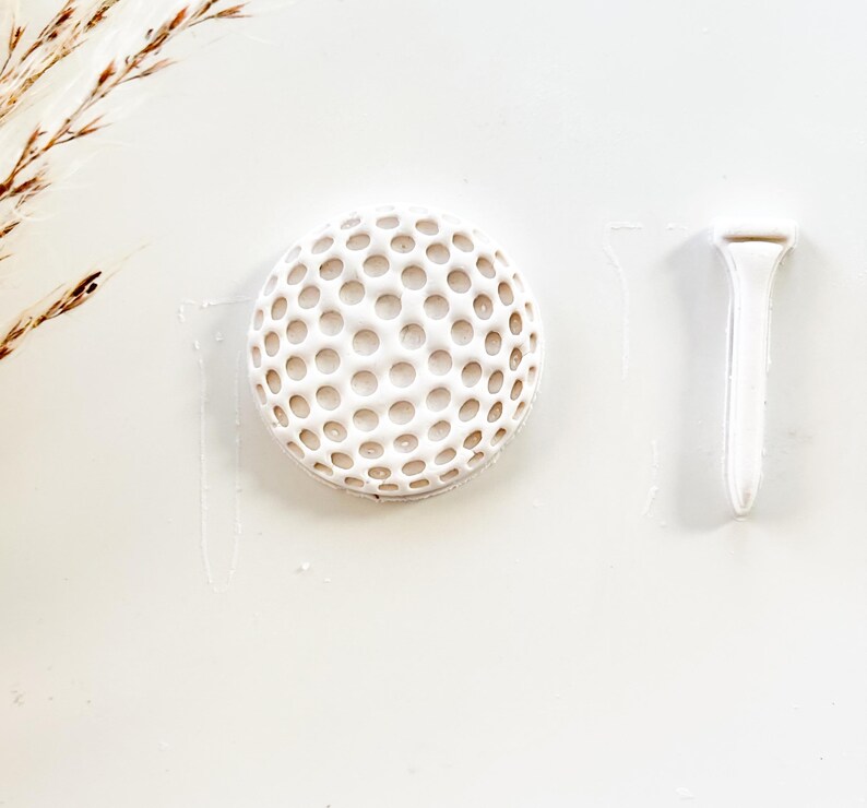 Pu&ograve; includere: Una pallina da golf bianca e un tee su sfondo bianco. La pallina da golf ha una superficie a fossette. Il tee ha una forma semplice e allungata. L'immagine &egrave; una vista dall'alto, con ombre sottili.